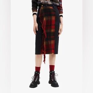 🔥 Desigual Asymmetrical Plaid Fringe Skirt – Waist 13” (US 2–4)